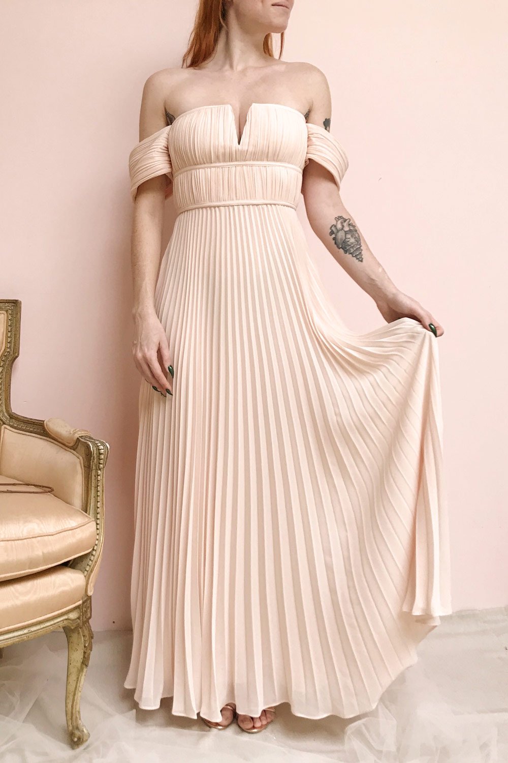 Khalida Light Pink Pleated Maxi Dress | Boudoir 1861 model