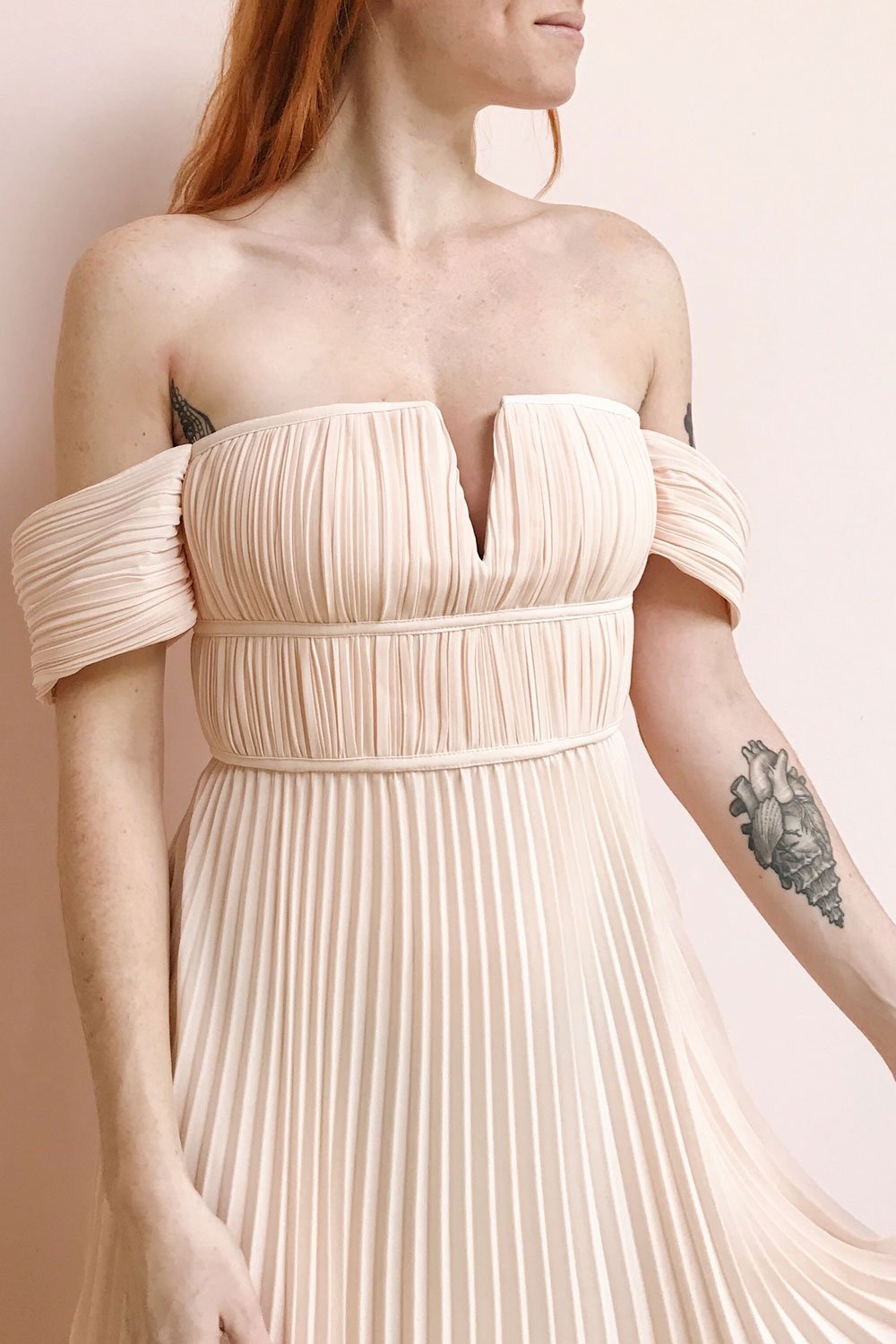 Khalida Light Pink Pleated Maxi Dress | Boudoir 1861 model close up 2