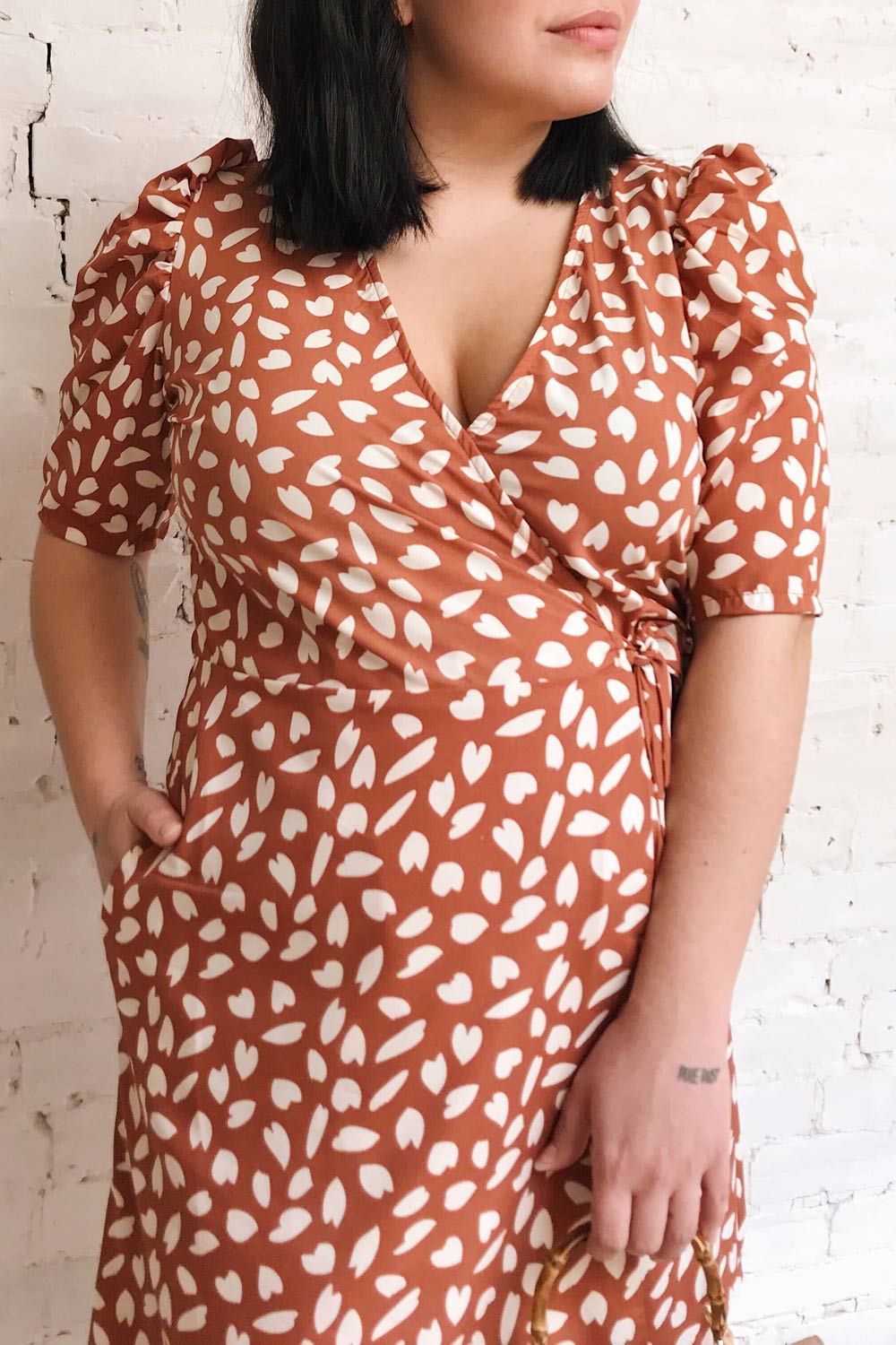 Kimberly Light Brown Short Wrap Dress | Boutique 1861 on model