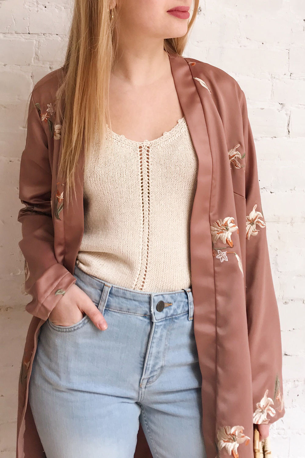 Lyria Taupe Satin Floral 3/4 Sleeve Kimono | Boutique 1861 model close up