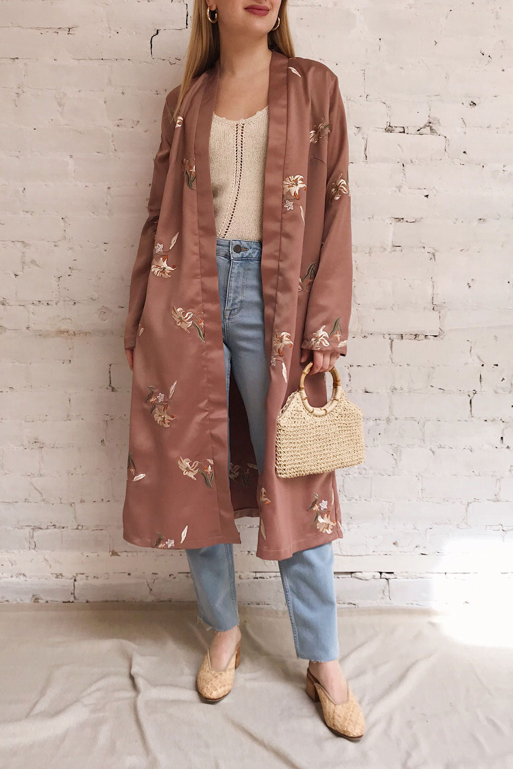 Lyria Taupe Satin Floral 3/4 Sleeve Kimono | Boutique 1861 model look