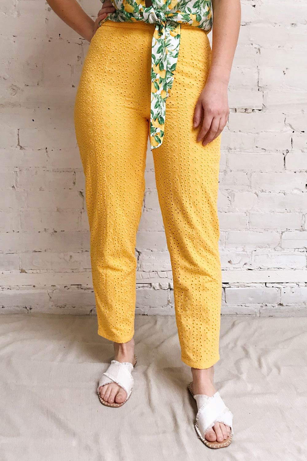 Klobuck Yellow Openwork Straight Leg Pants | La petite garçonne model close up