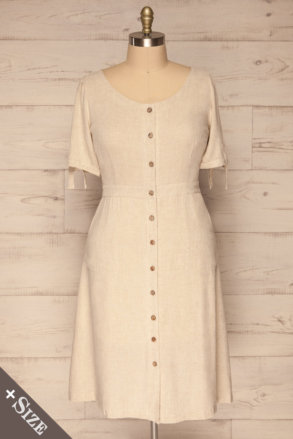 Korkula Beige Linen Buttoned Plus Size Dress | La petite garçonne front view