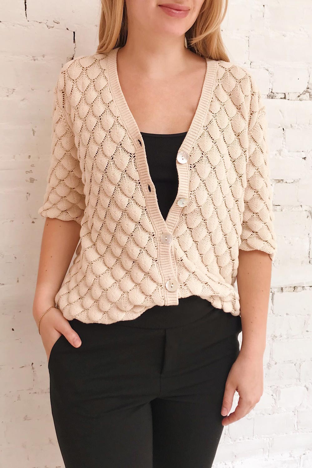 Krynica Sand Beige V-Neck Knit Top | La petite garçonne on model