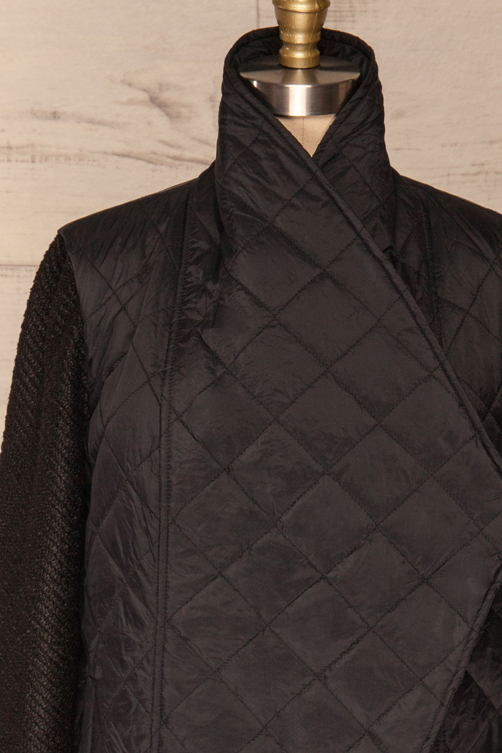 Kujawska Black Quilted Coat w/ Shawl Collar | FRONT CLOSE UP | La Petite Garçonne