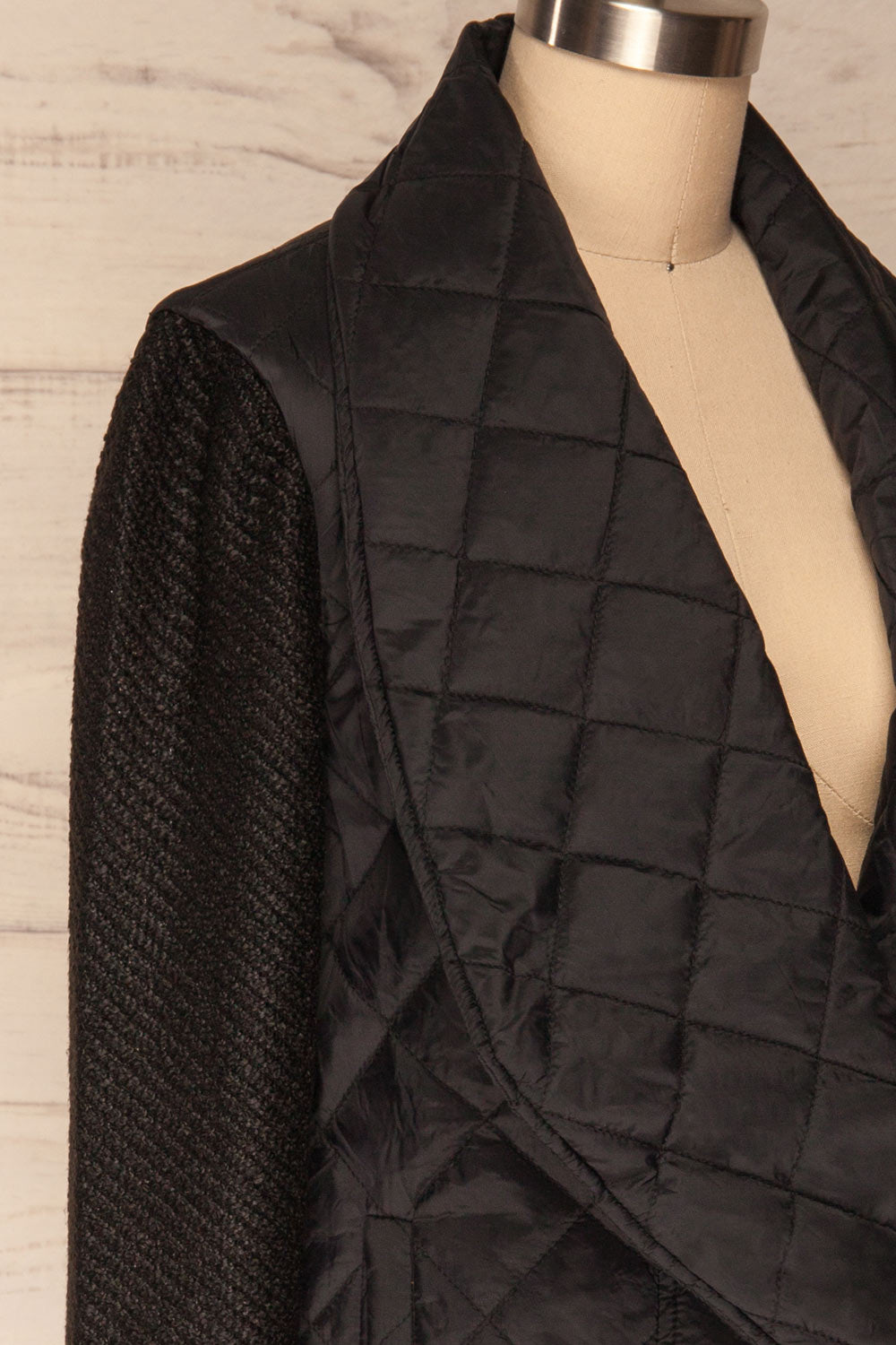 Kujawska Black Quilted Coat w/ Shawl Collar | SIDE CLOSE UP | La Petite Garçonne