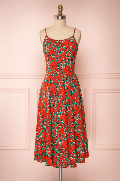 Kyriake Red Floral A-Line Midi Summer Dress front view | Boutique 1861
