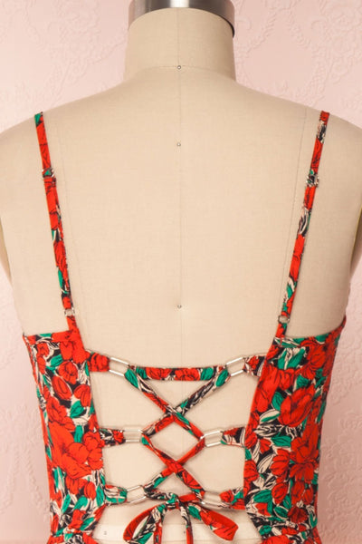 Kyriake Red Floral A-Line Midi Summer Dress back close up | Boutique 1861