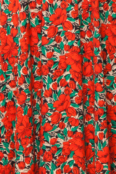 Kyriake Red Floral A-Line Midi Summer Dress fabric | Boutique 1861