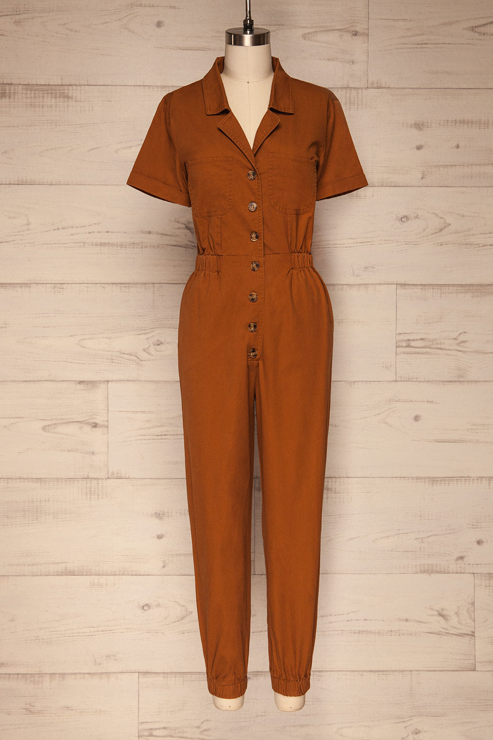 Ladispoli Brown Button-Up Jumpsuit | La Petite Garçonne front view
