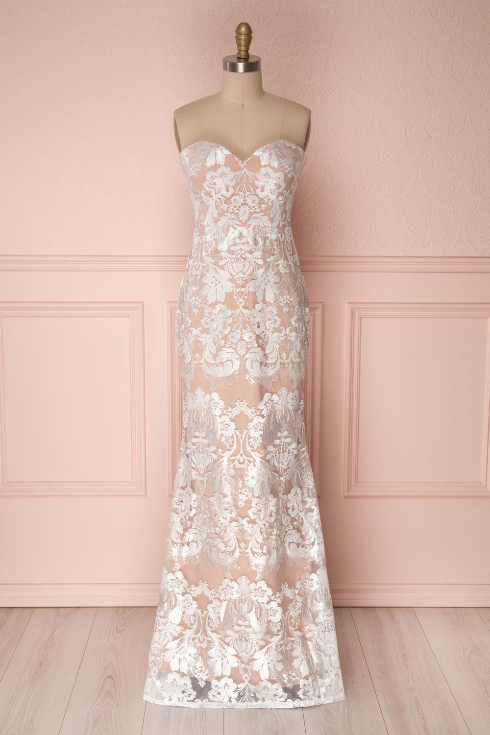 Ladymia Beige & Ivory Embroidered Bustier Mermaid Gown