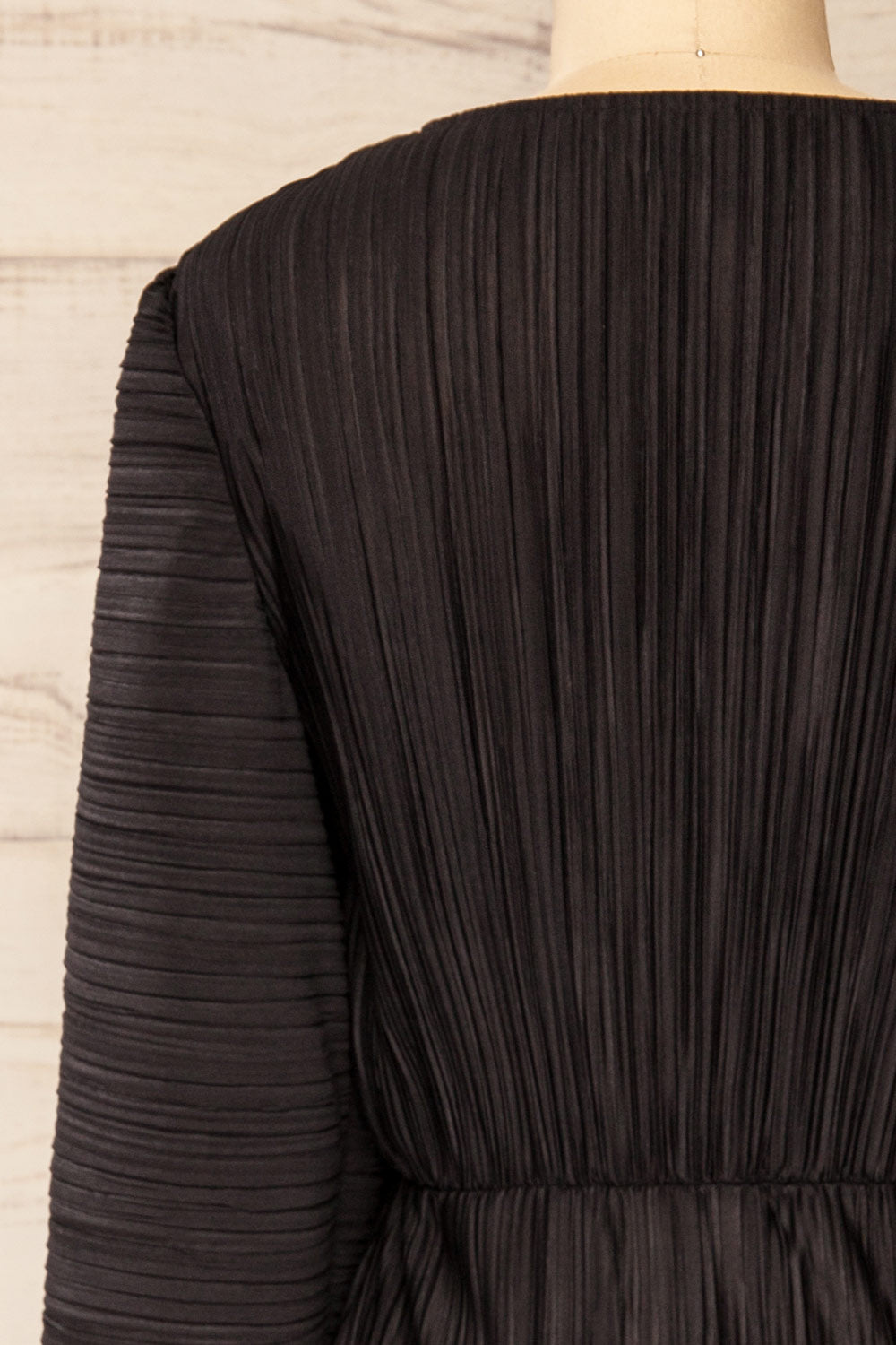 Lamia Black Long Sleeve V-Neck Midi Dress | La petite garçonne back close-up