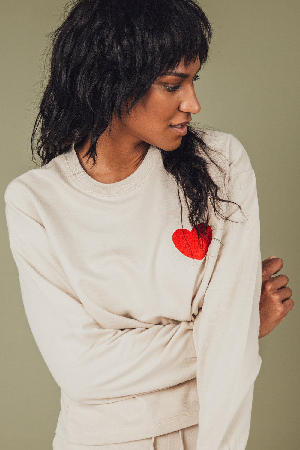 Lask Beige Long Sleeve Printed Sweatshirt | La petite garçonne model nana close up