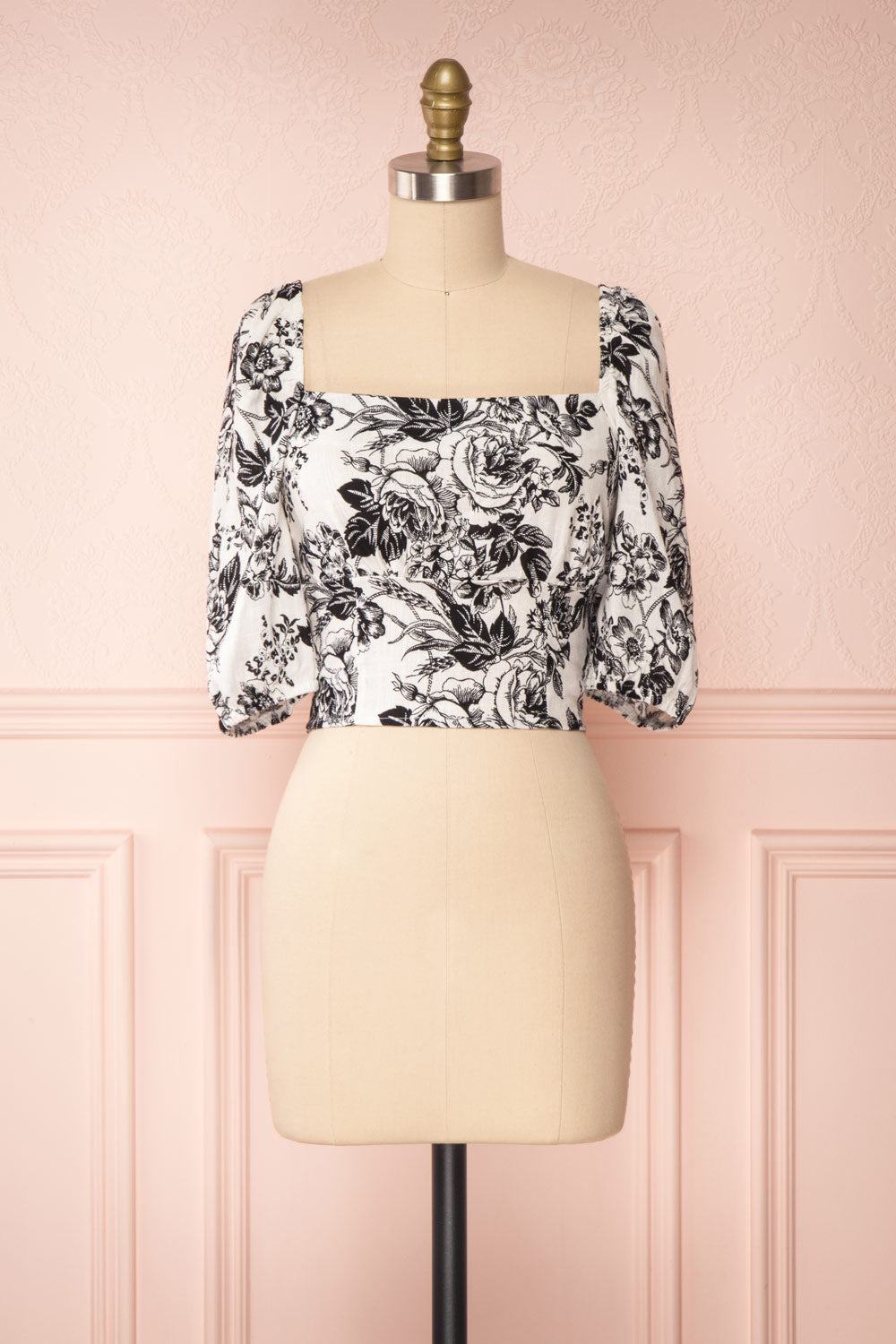 Lausanne White & Black Floral Print Crop Top | Boutique 1861 front view