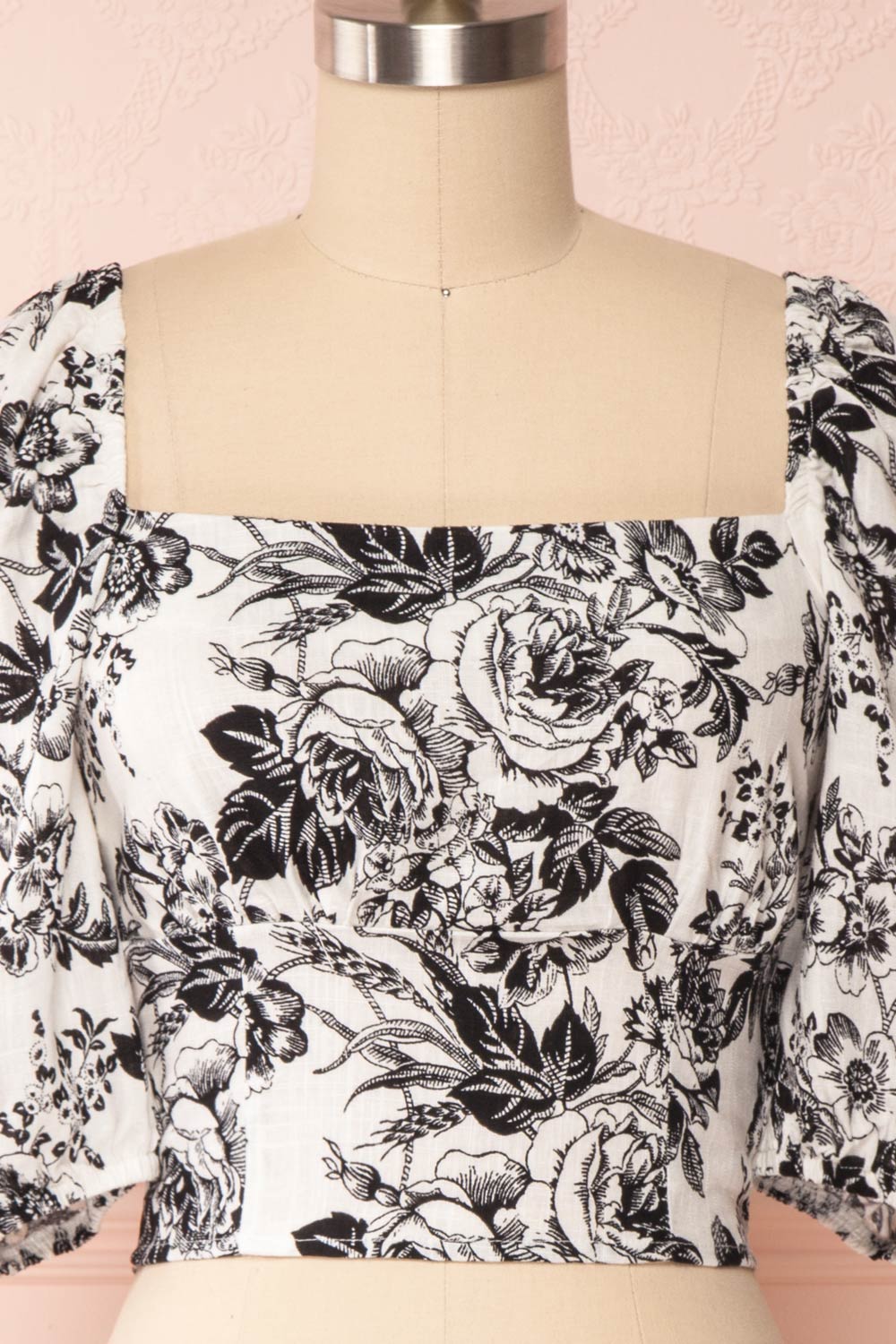 Lausanne White & Black Floral Print Crop Top | Boutique 1861 front close up