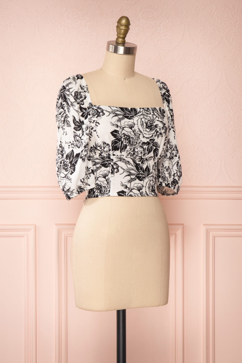 Lausanne White & Black Floral Print Crop Top | Boutique 1861 side view