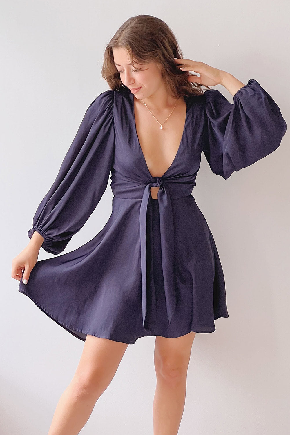 Lauvhe Navy | Tie-Front Short Satin Dress