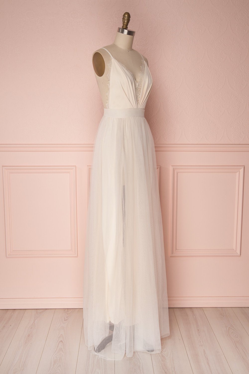 Laycy Ice | Cream Mesh Gown with Plunging Neckline
