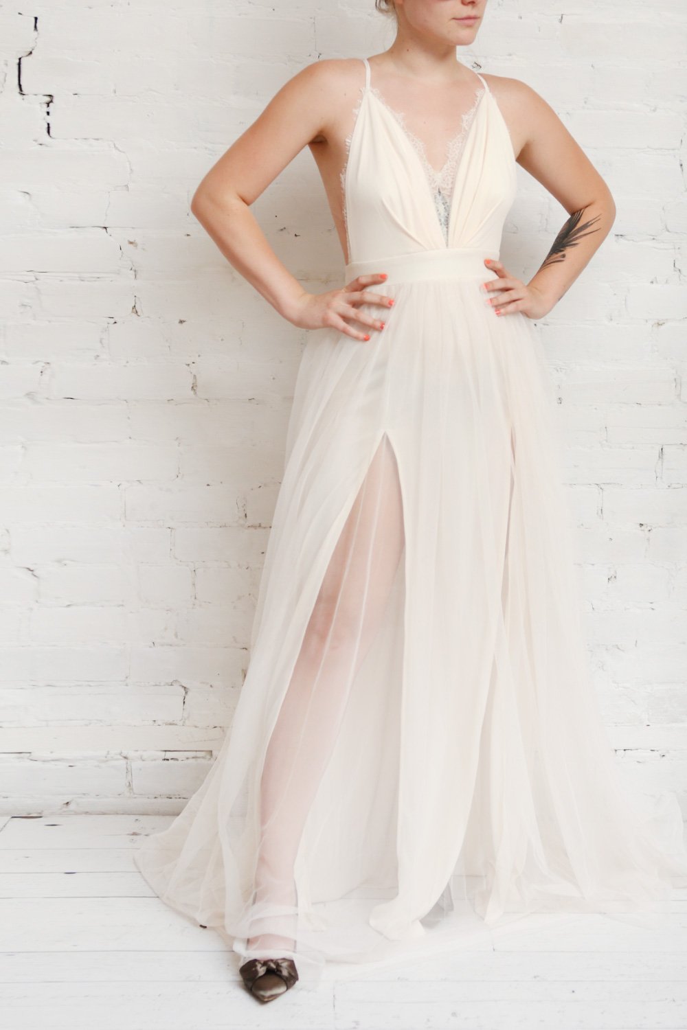 Laycy Ice | Cream Mesh Gown with Plunging Neckline