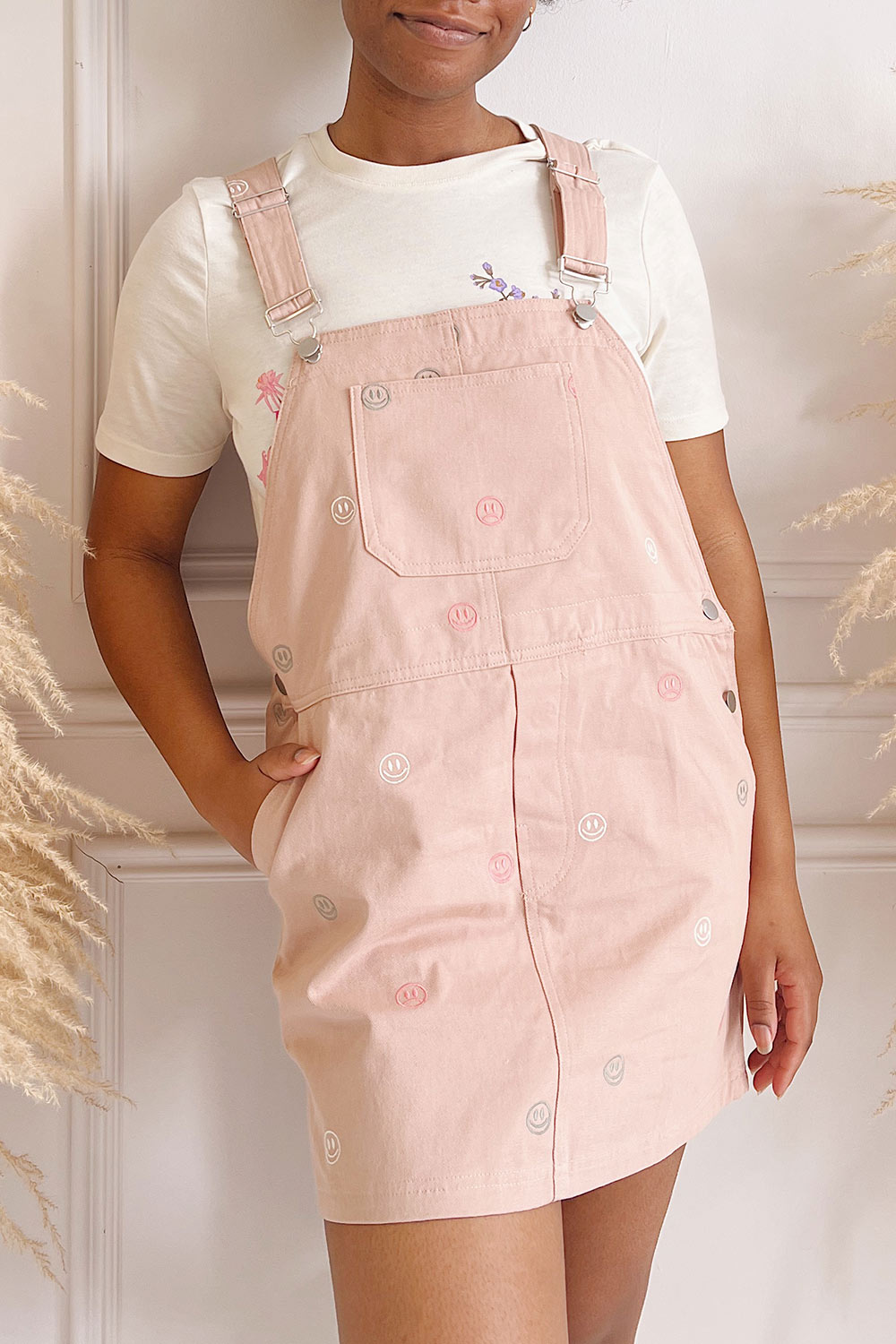 Shanicka Short Overall Dress w/ Embroidery | La petite garçonne on model