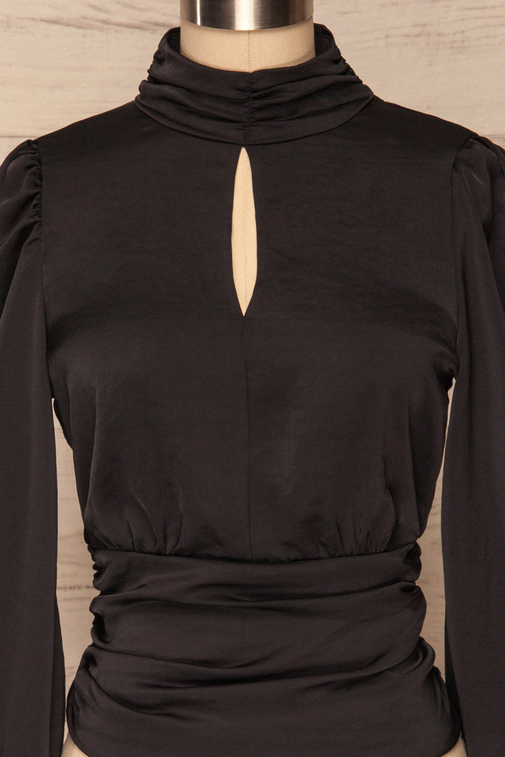 Lentini Onyx Black Long Sleeved Satin Top | La Petite Garçonne front close-up