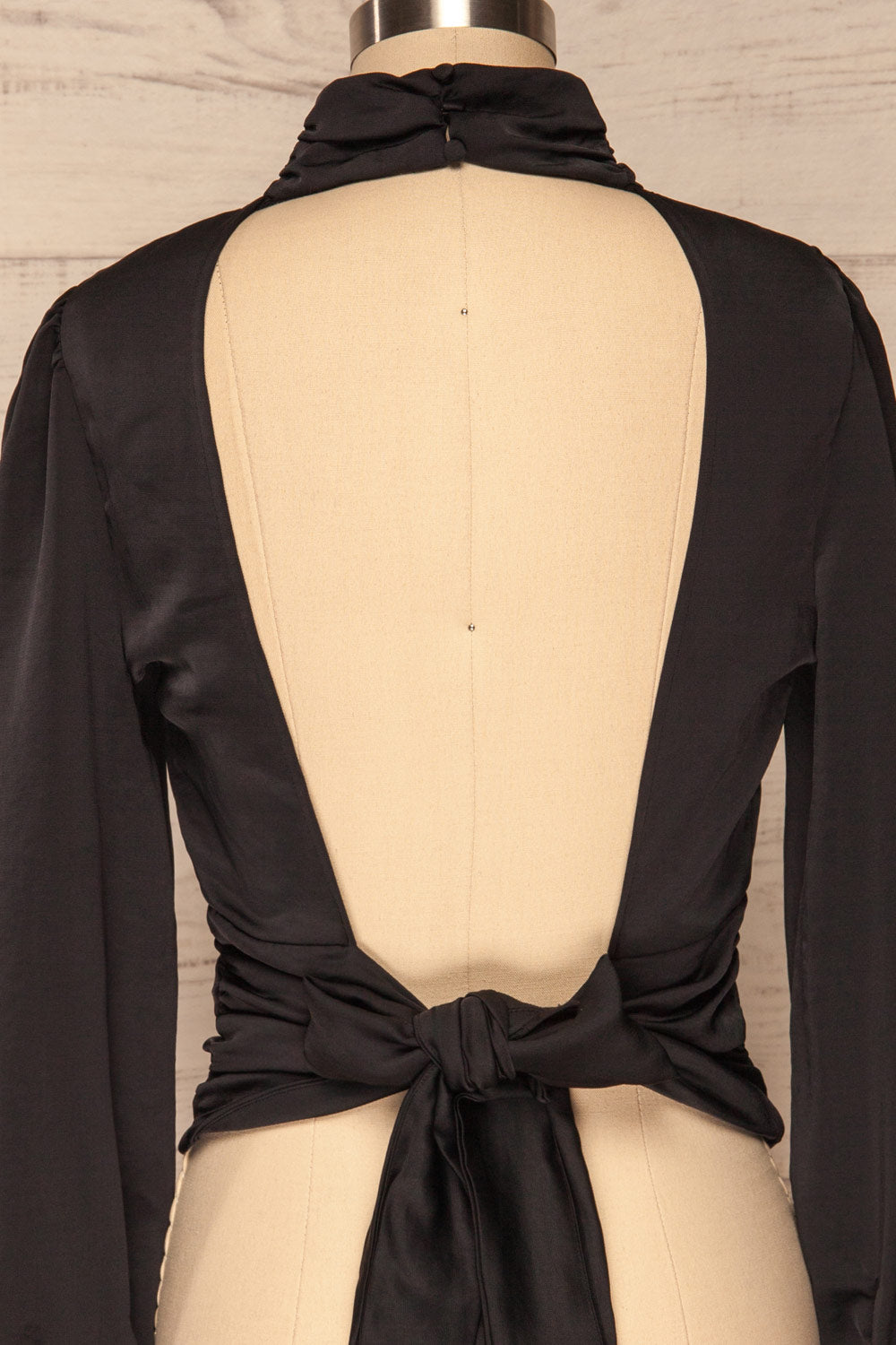Lentini Onyx Black Long Sleeved Satin Top | La Petite Garçonne back close-up