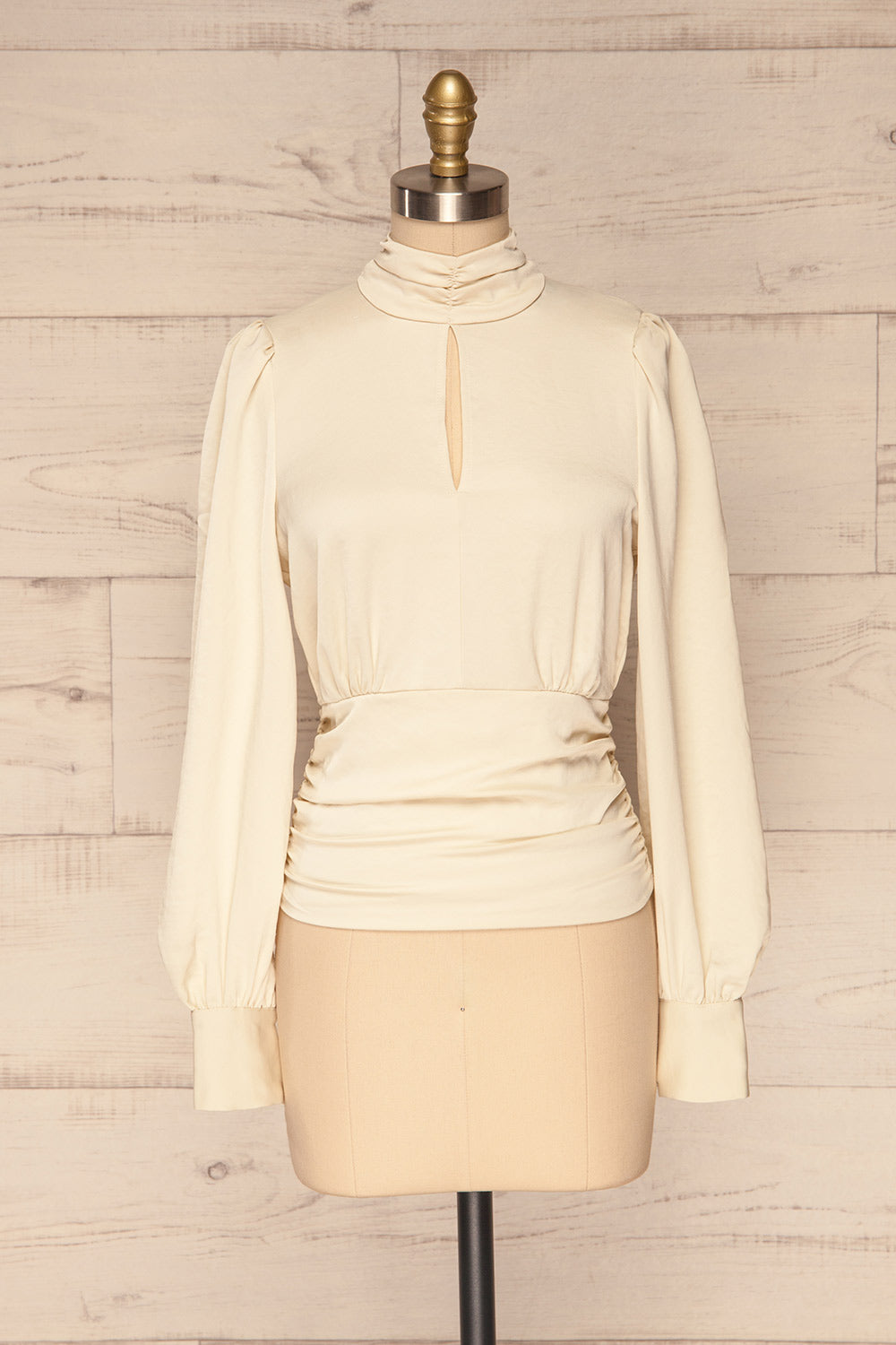 Lentini Pearl Beige Long Sleeved Satin Top | La Petite Garçonne front view