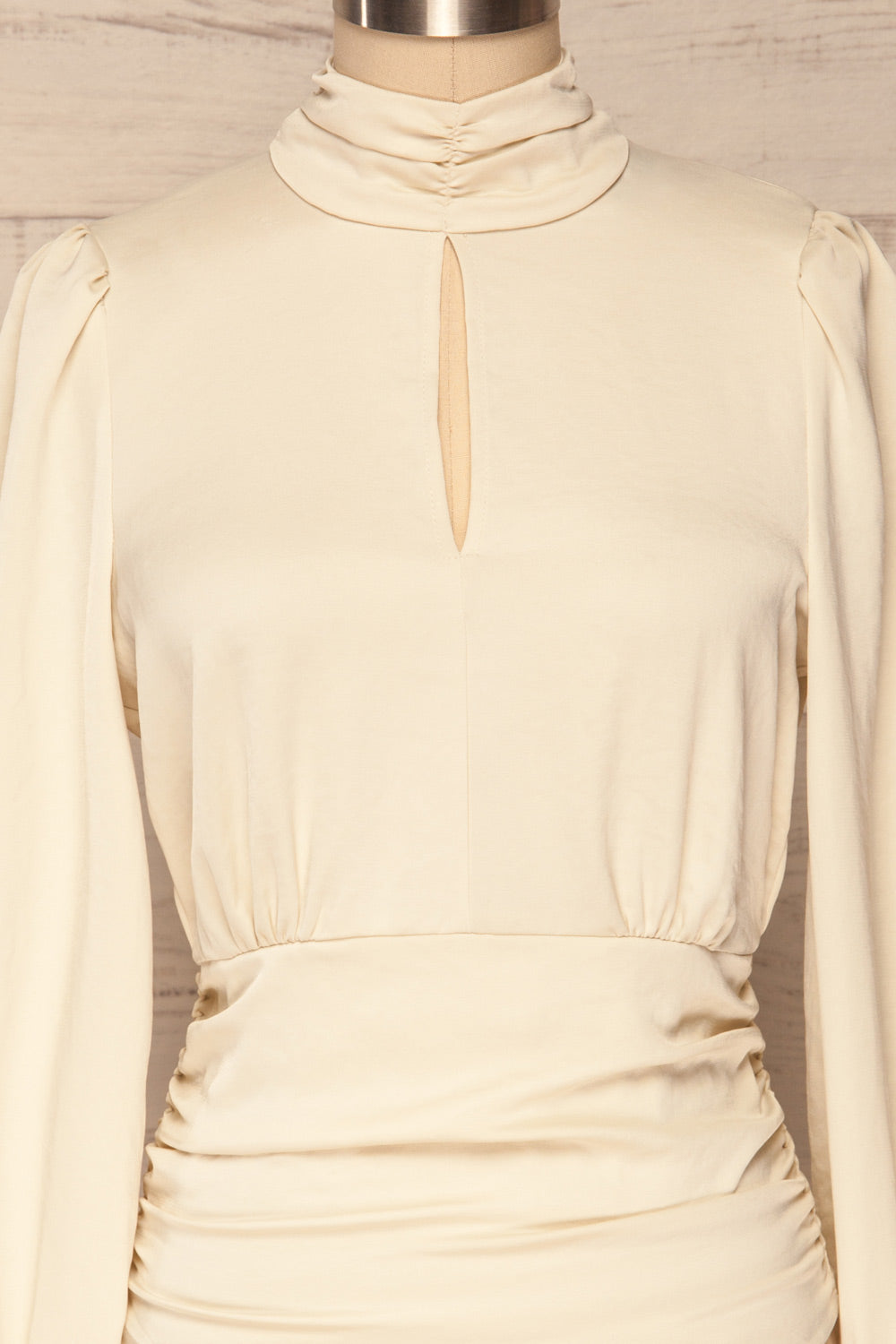Lentini Pearl Beige Long Sleeved Satin Top | La Petite Garçonne front close-up