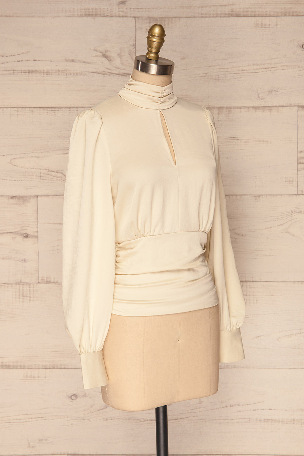 Lentini Pearl Beige Long Sleeved Satin Top | La Petite Garçonne side view