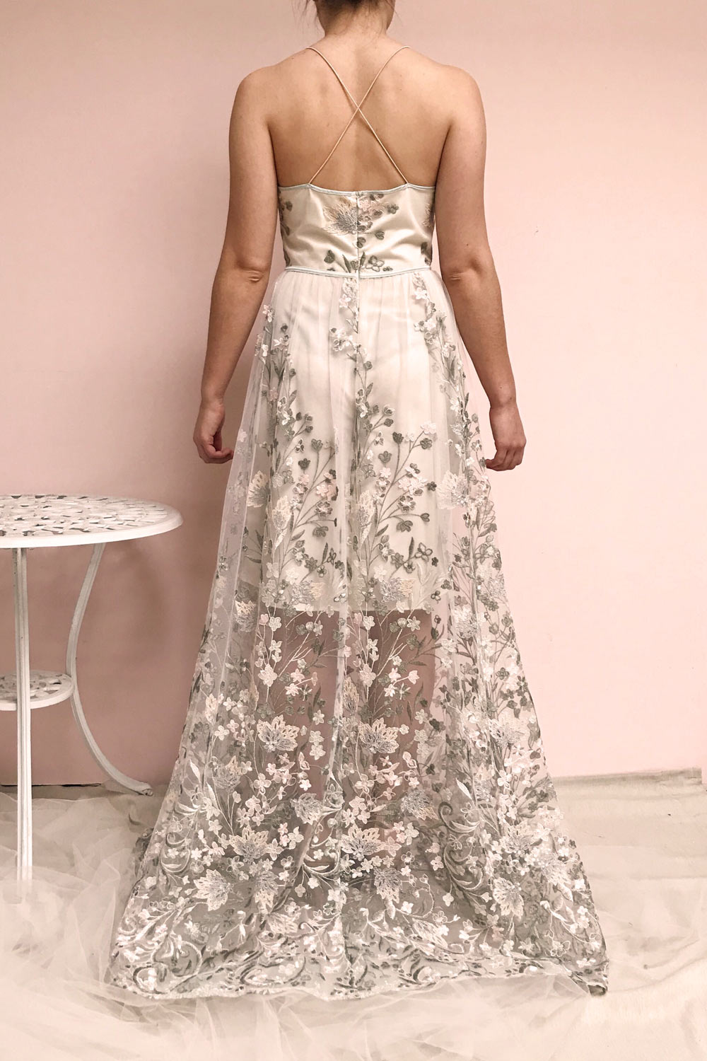 Leontine Sage Floral Embroidered Maxi Dress | Boutique 1861 model back