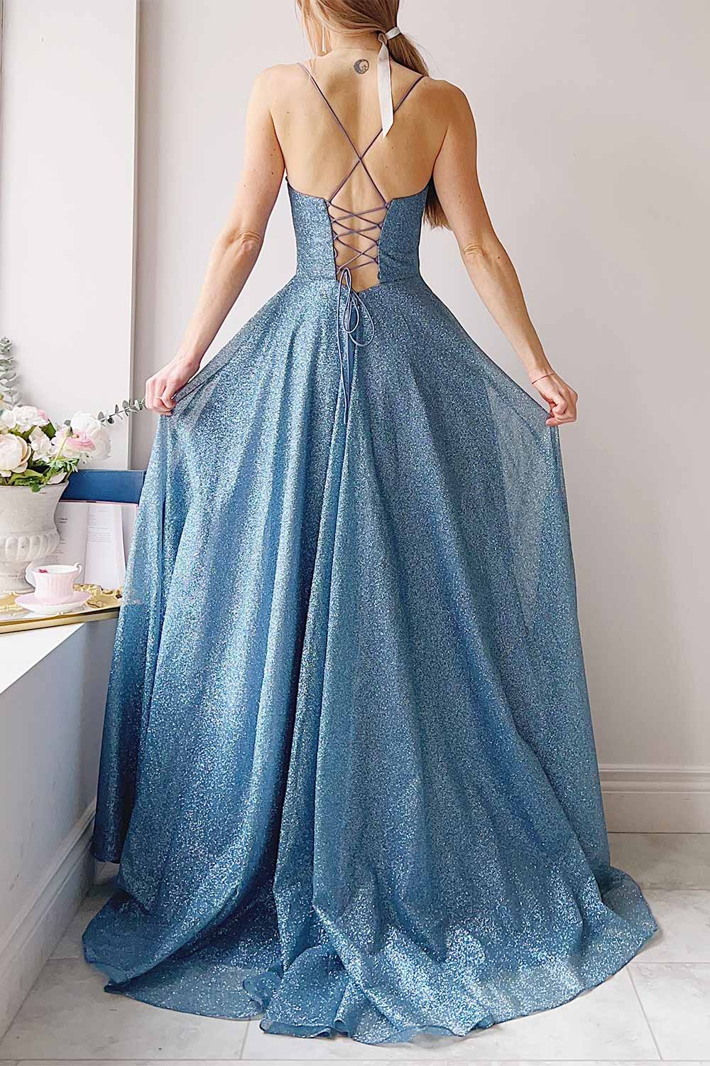 Lexy Blue Grey Sparkly Cowl Neck Maxi Dress | Boutique 1861 back model