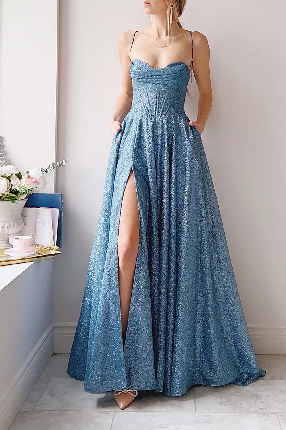 Lexy Blue Grey Sparkly Cowl Neck Maxi Dress | Boutique 1861 on model