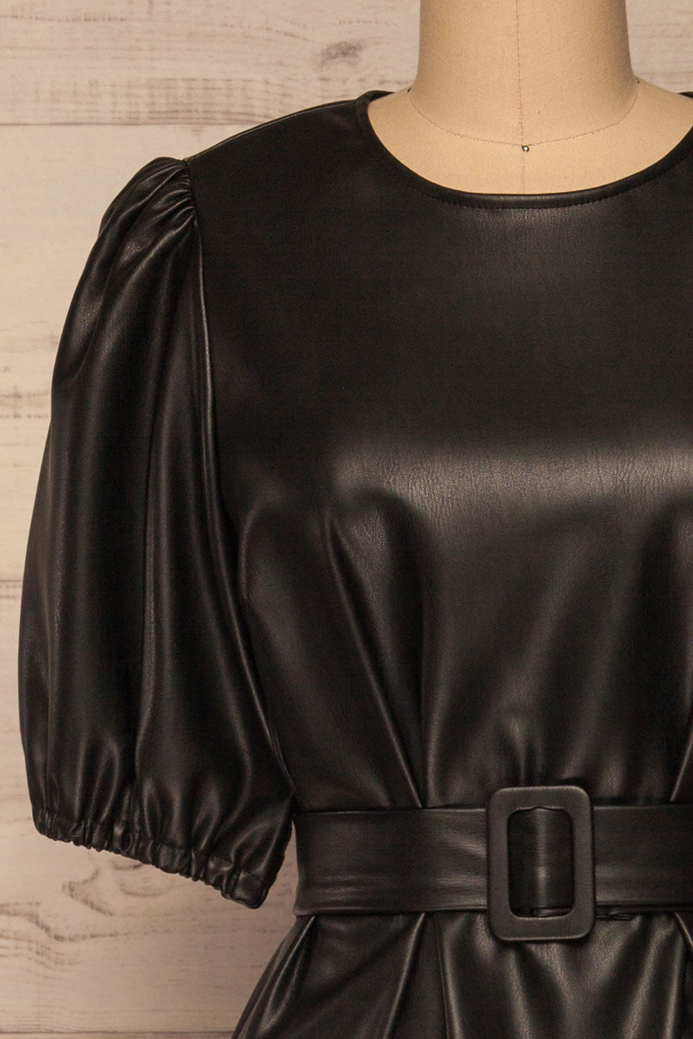 Limassol Black Faux-Leather Short Dress | La petite garçonne front close-up