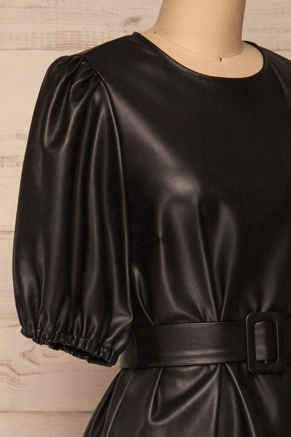 Limassol Black Faux-Leather Short Dress | La petite garçonne side close-up