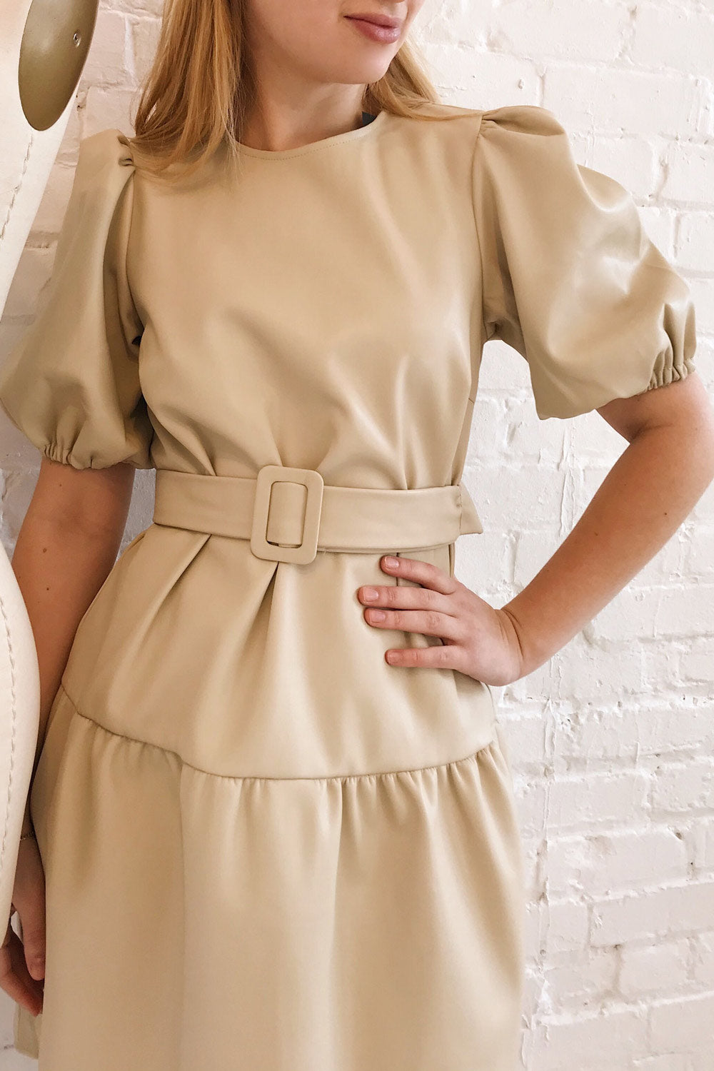 Limassol Beige Faux-Leather Short Dress | La petite garçonne model look