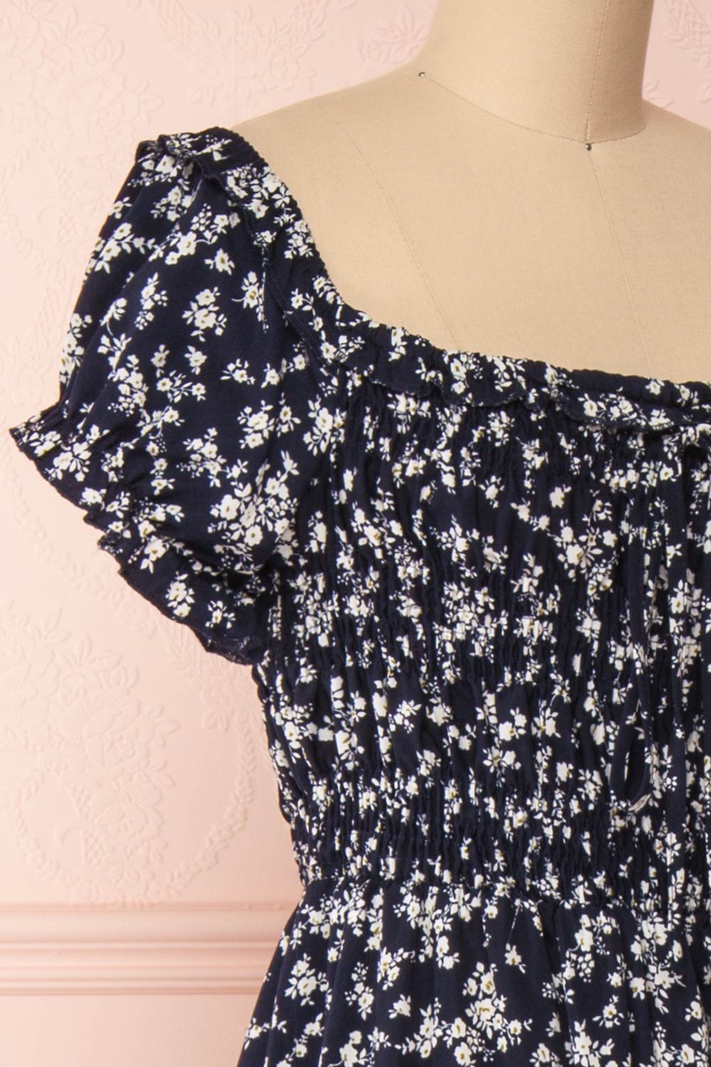 Lison Navy Floral Off-Shoulder Midi Dress | Boutique 1861 side close-up