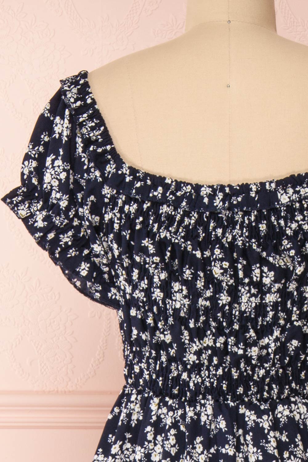 Lison Navy Floral Off-Shoulder Midi Dress | Boutique 1861 back close-up