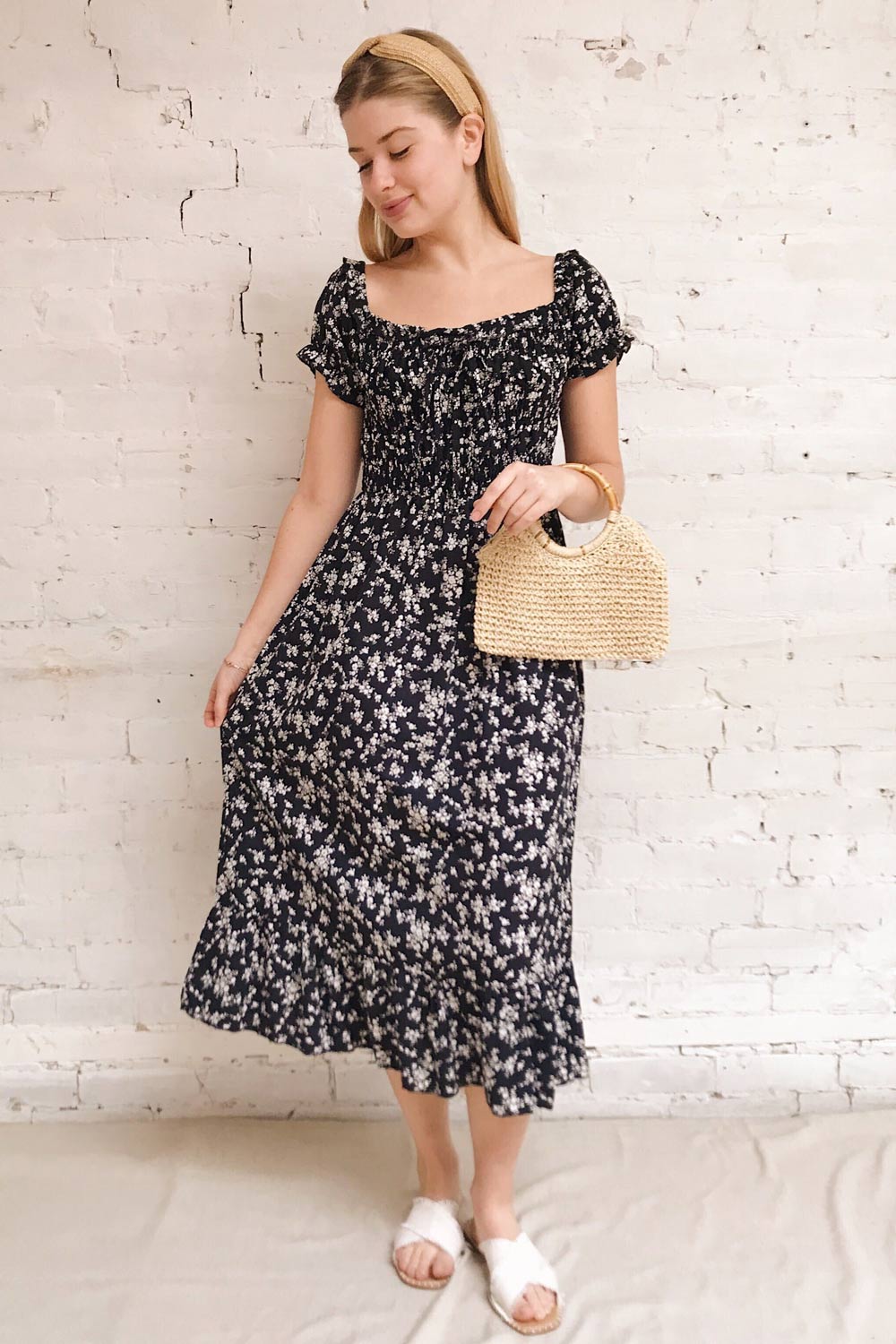 Lison Navy Floral Off-Shoulder Midi Dress | Boutique 1861 model look