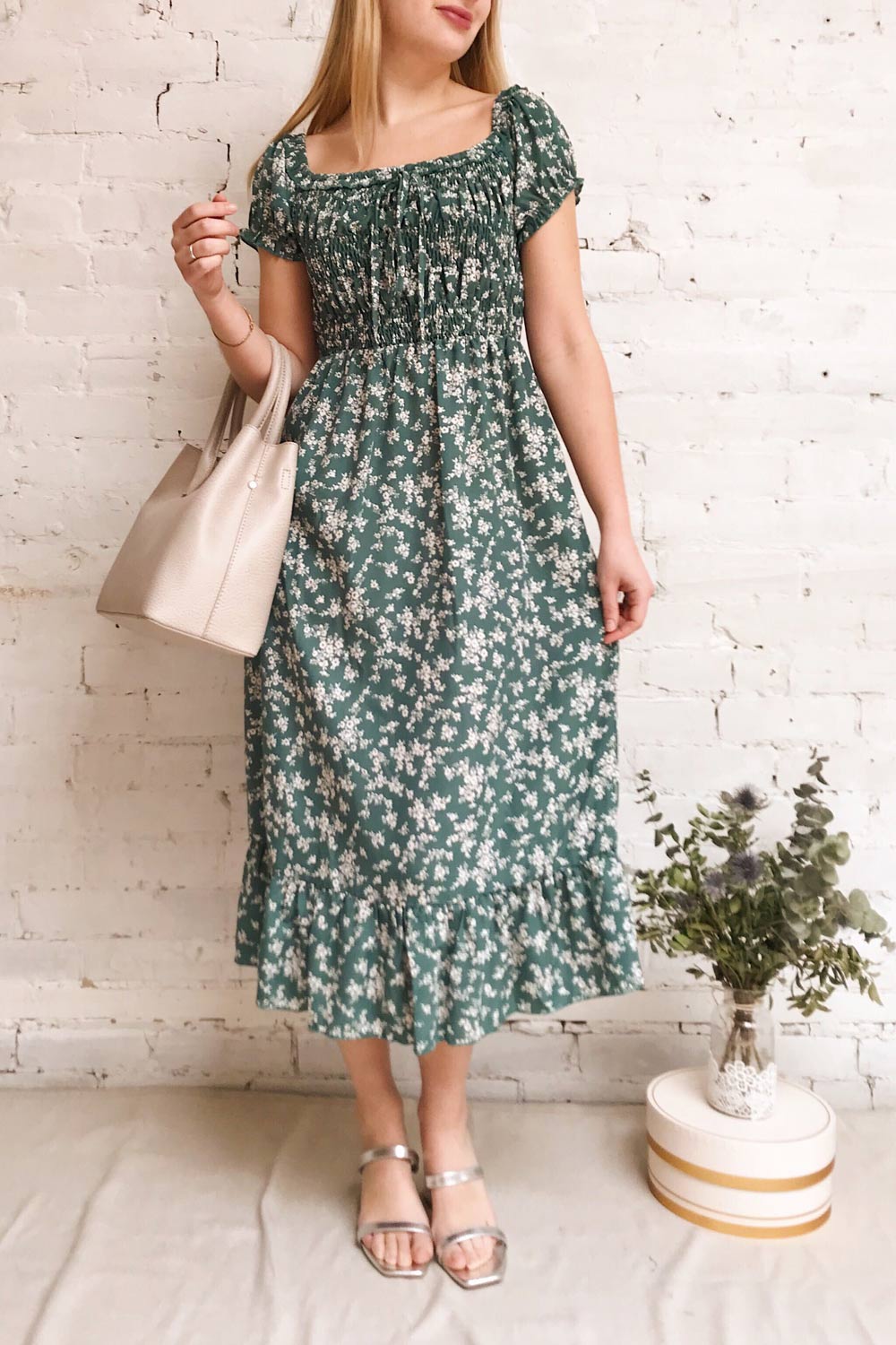 Lison Teal Blue-Green Off-Shoulder Midi Dress | Boutique 1861 model look