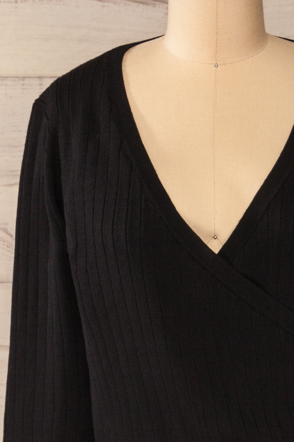 Lixa Black Faux-Wrap Long Sleeve Top | La petite garçonne front close-up