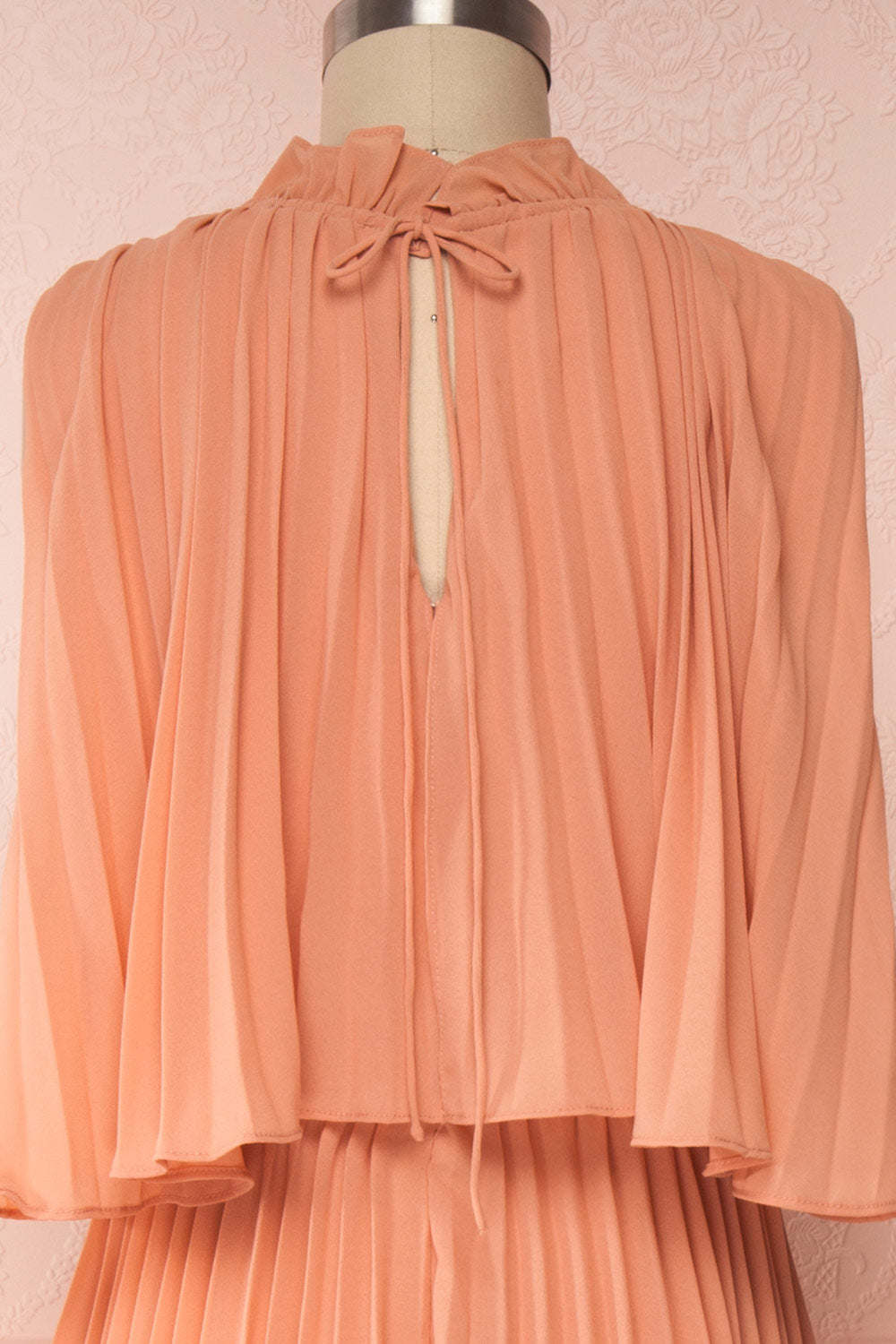 Lizbeth Coral Pleated Maxi Dress w/ Frills | La petite garçonne back close up