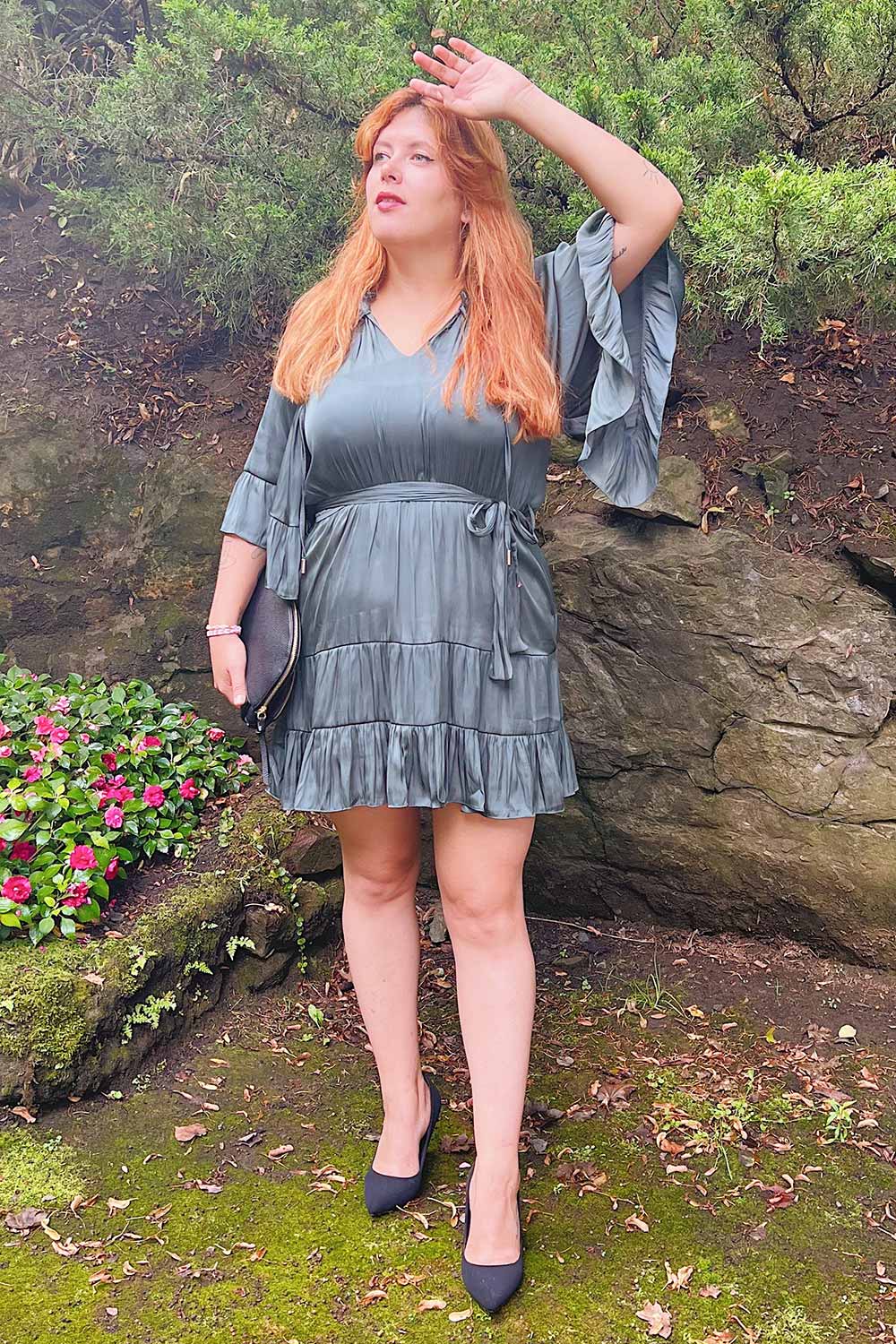 Loana Green Short Dress w/ Ruffles | Boutique 1861 on model