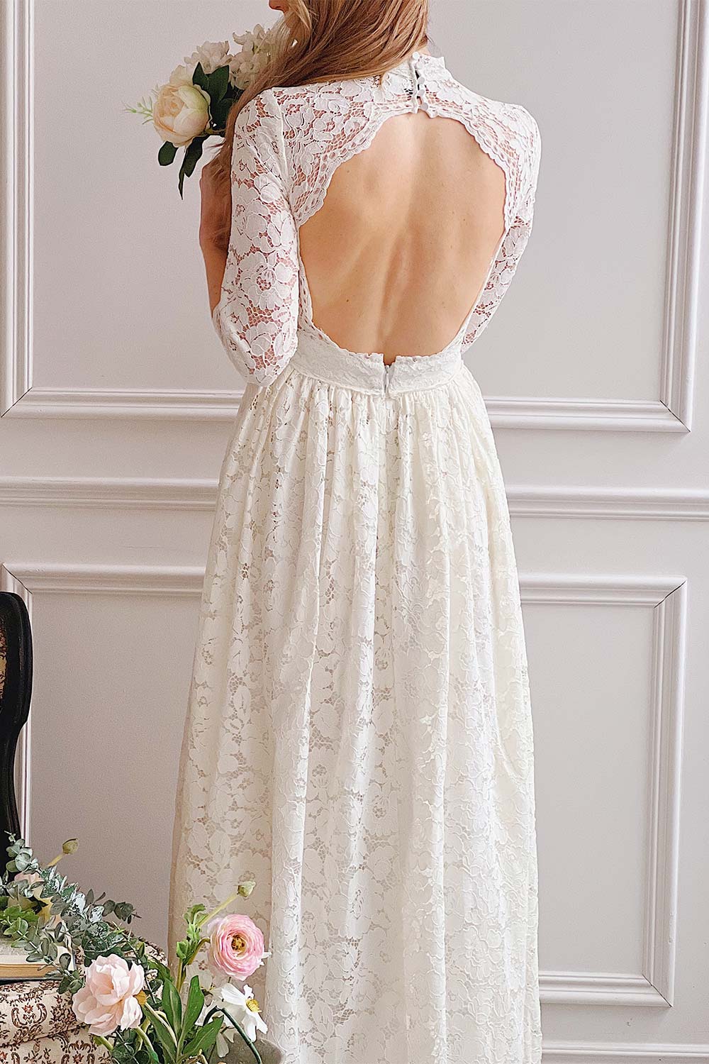 Loretta Lace Maxi Dress w/ Open-Back | Boudoir 1861 back on model
