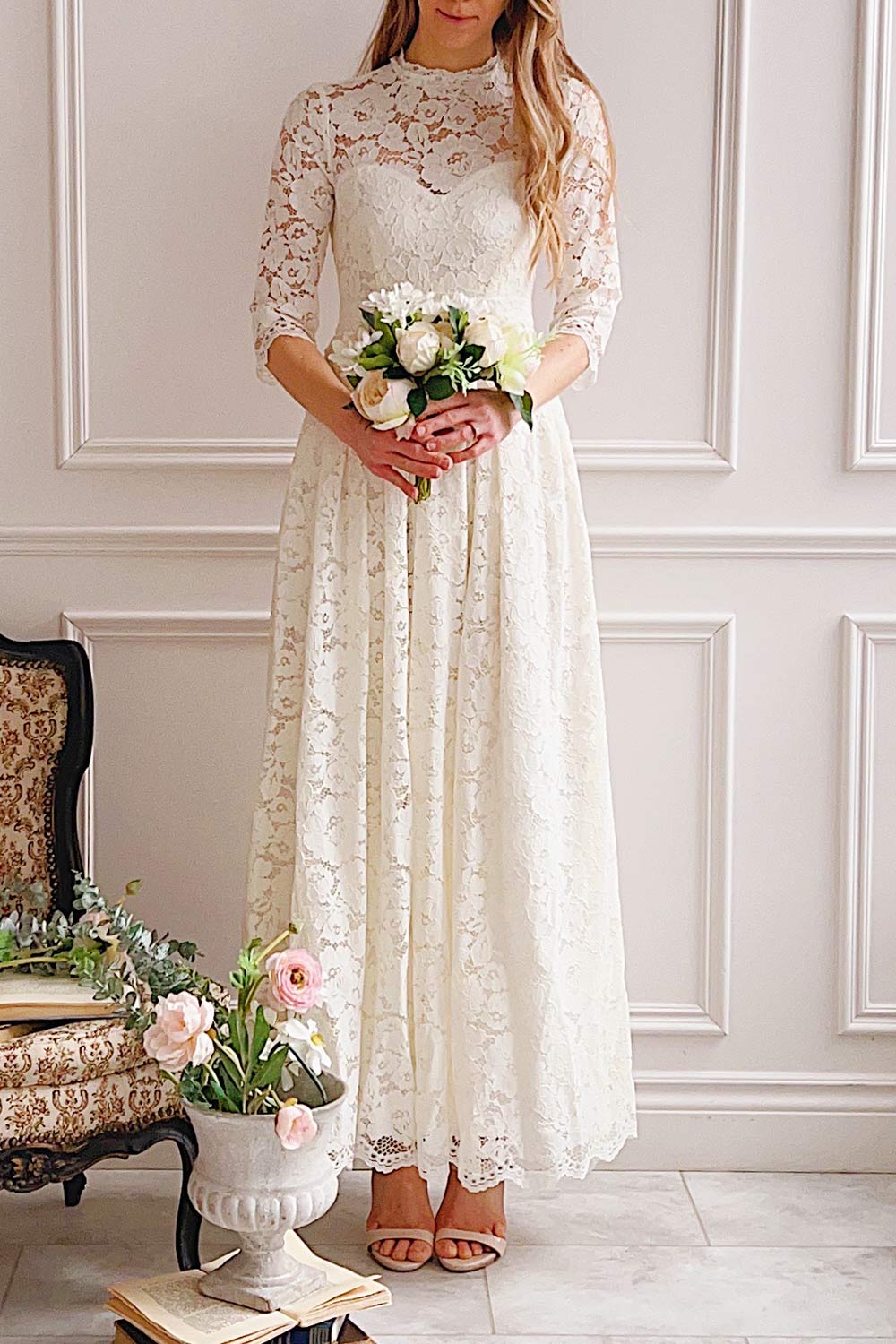 Loretta Lace Maxi Dress w/ Open-Back | Boudoir 1861 on model