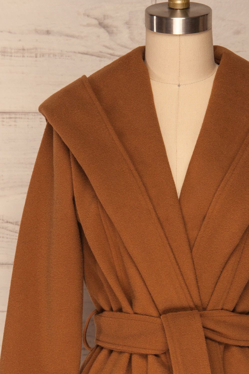 Lorialet Camel Felt Trench Coat w/ Hood front close up | La Petite Garçonne
