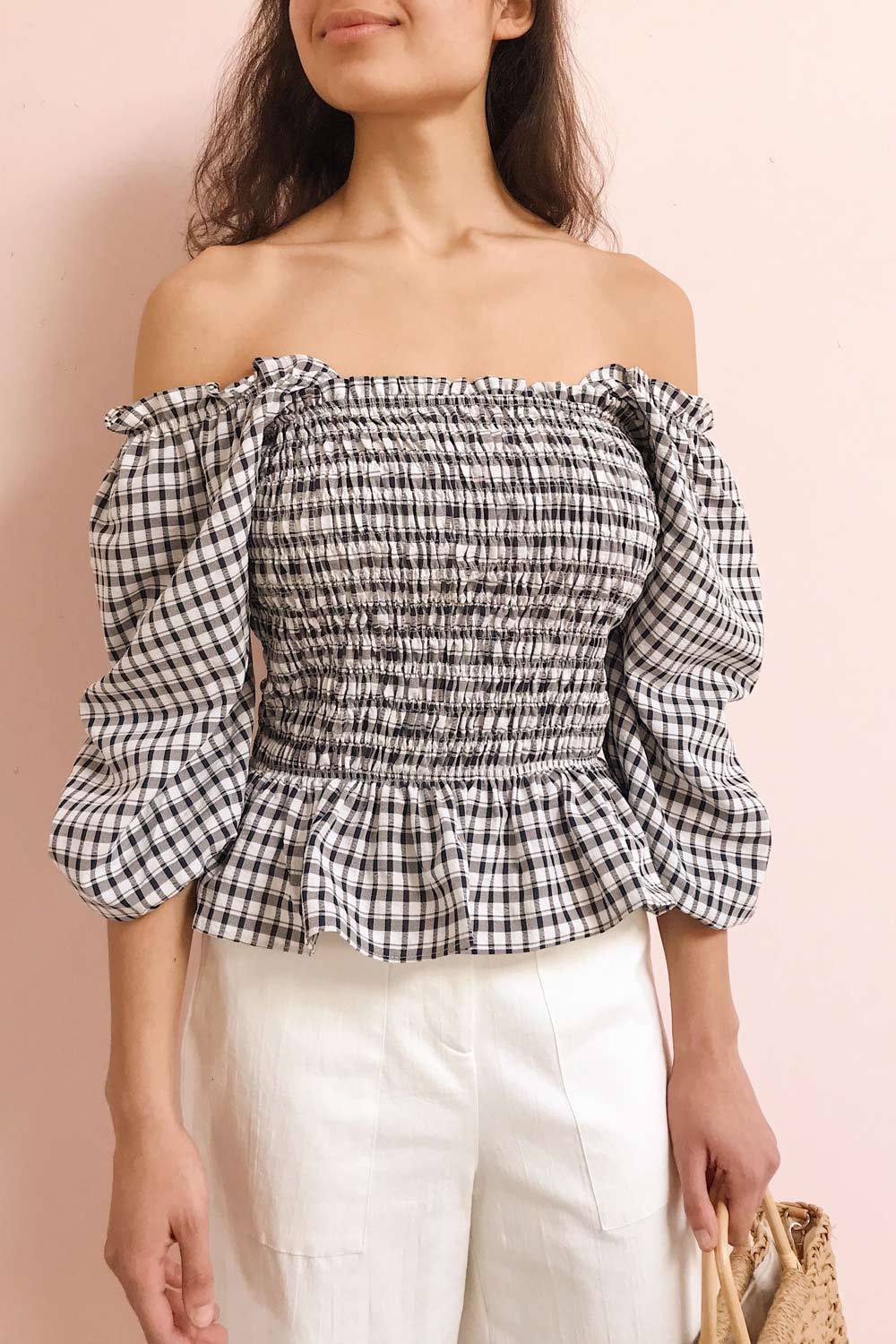 Lubelskie Black & White Plaid Ruched Top | La petite garçonne on model