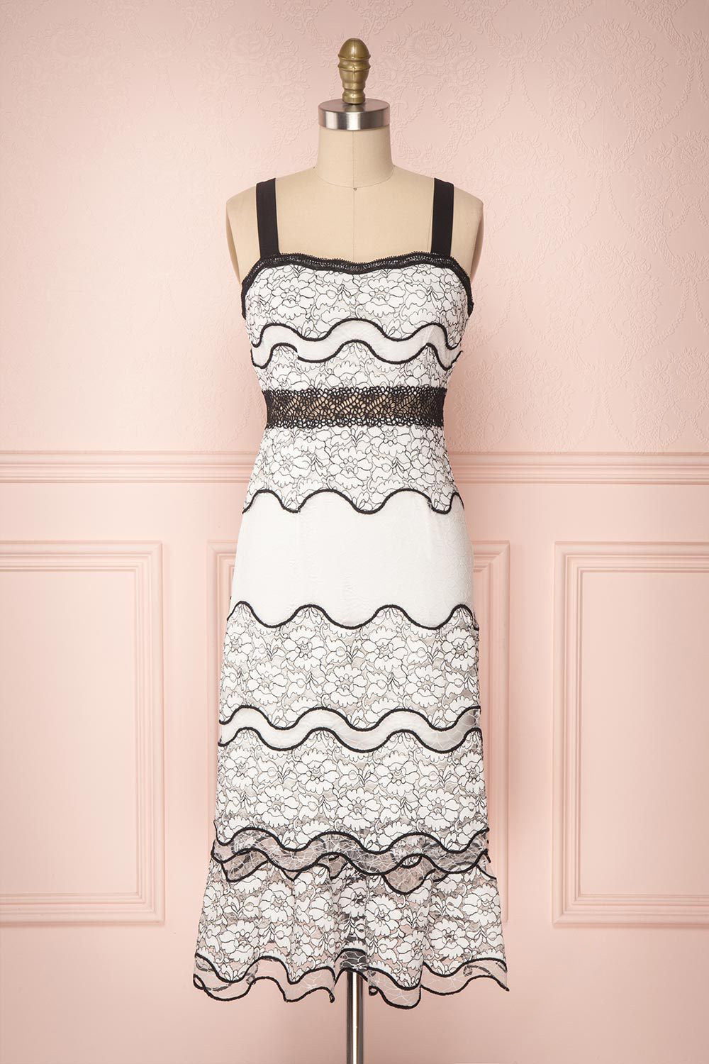 Lucy-Lou White & Black Ruffled Lace Midi Dress | Boutique 1861