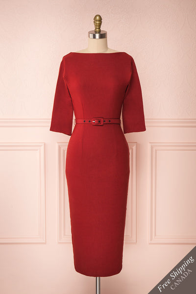 Ludivine Dark Red Fitted Midi Dress w/ Belt front close up | Boutique 1861