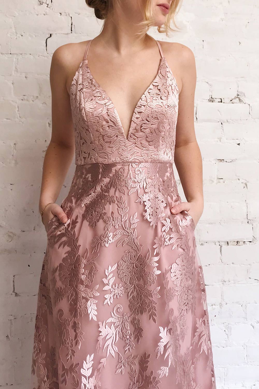 Lyaksandra Pink Floral Embroidered Maxi Dress | Boutique 1861 model close up