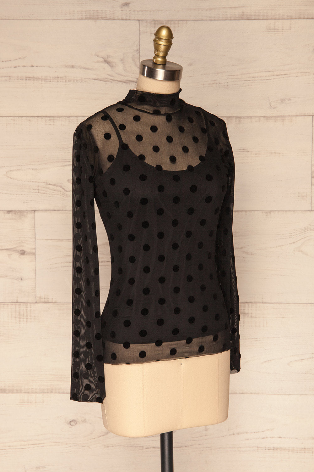 Lyncis Black Polkadot Long Sleeved Mesh Top | La Petite Garçonne side view